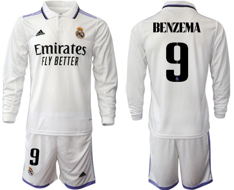 Men 2022-2023 Club Real Madrid home long sleeve white #9 Soccer Jersey